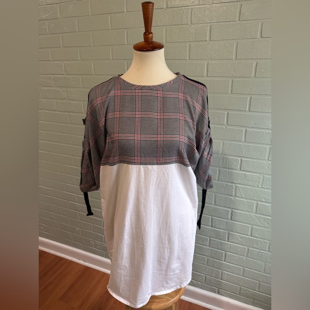 ZARA Plaid and White Tunic Top